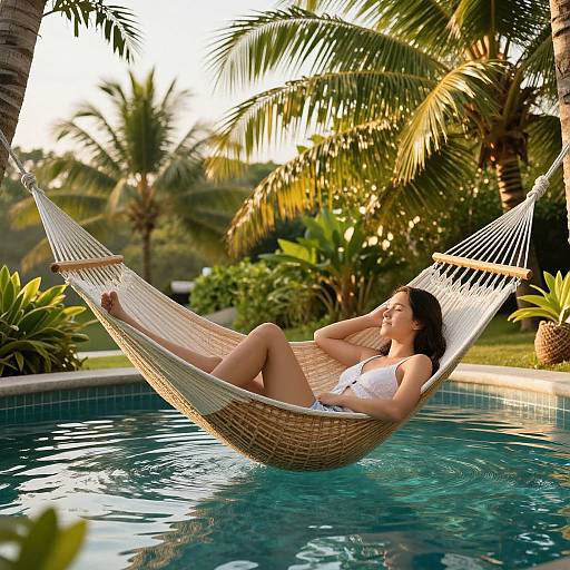 Photograph of a woman with dark hair relaxing in a woven hammock over a tropical pool, wearing a white swimsuit, surrounded by palm trees at