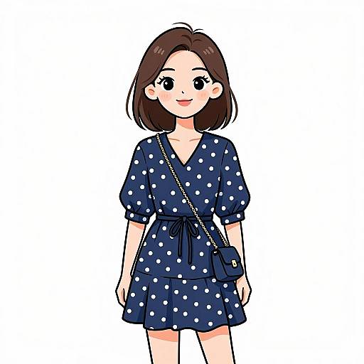 Smiling Woman in Navy Polka-Dot Dress