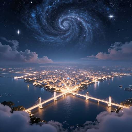 Futuristic night-time photograph of a city with glowing lights, illuminated bridge, and a swirling galaxy in the starry sky.