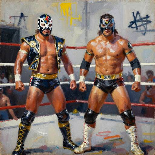 Digital painting of two muscular, shirtless male wrestlers in black trunks and masks, standing in a ring with red ropes.