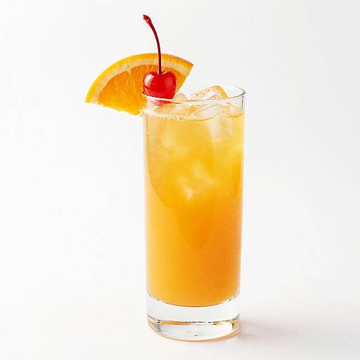 Photograph of a tall glass with an orange cocktail, garnished with a lemon slice, cherry, and ice, set against a white background.