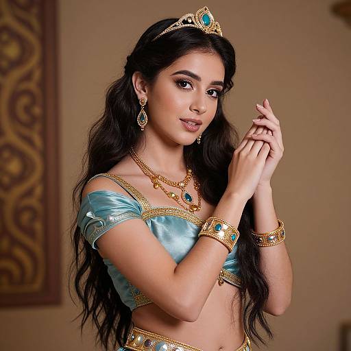 Photograph of a beautiful young woman with long black hair, wearing a turquoise crop top and gold jewelry, clasping hands, with a jeweled ti