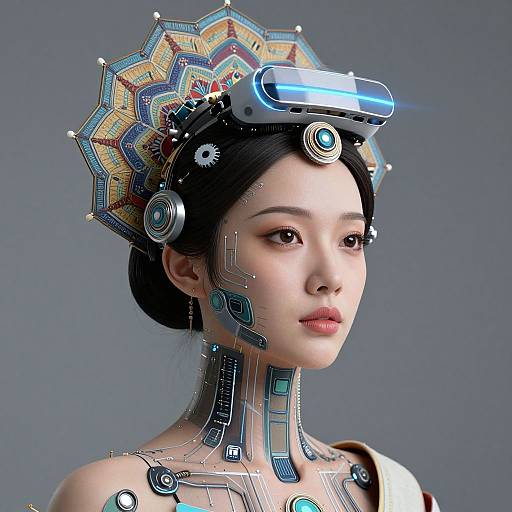 Digital CGI of an Asian woman with a futuristic headpiece, featuring blue LED lights, mechanical gears, and intricate patterns, against a gray background.