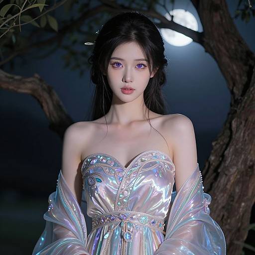 Digital artwork of an Asian woman with long black hair, purple eyes, and fair skin, wearing a shimmering, strapless, iridescent dress