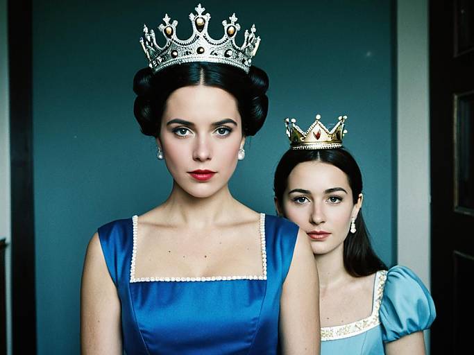 Photograph of two young women with fair skin, dark hair, and red lipstick, wearing blue dresses and gold crowns, standing against a dark background