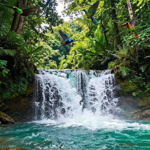 Vibrant photograph of a lush jungle waterfall with cascading white water, surrounded by dense green foliage and colorful birds in flight.