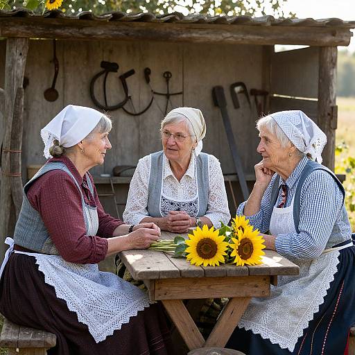 Photograph of three elderly women in traditional lace aprons and white headscarves, sitting at a wooden table with sunflowers, conversing outdoors near