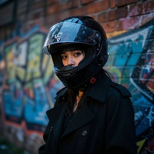 Photograph of a young woman with wet black helmet and dark coat, standing against a graffiti-covered brick wall, eyes visible through the helmet's visor