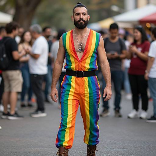 Confident Man in Rainbow Outfit