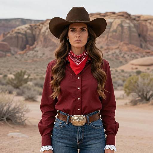 Woman in Traditional Western Attire in Desert