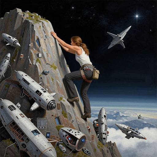 Digital illustration: Adventurous woman in white tank top and black pants climbs futuristic cliffside, surrounded by flying spacecraft, under starry sky.