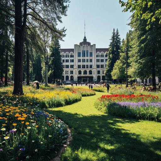 Sunny Art Deco Theater with Colorful Flower Garden