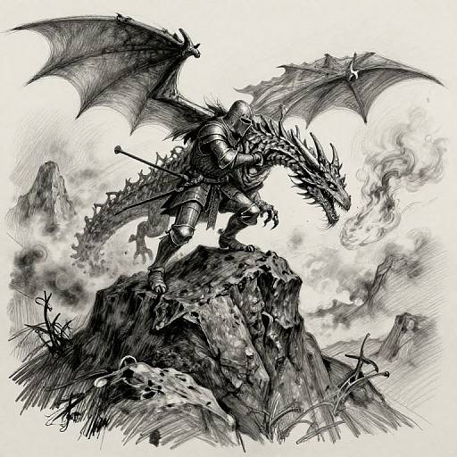 Black-and-white digital drawing of a armored warrior with a dragon head, large wings, and a fiery breath, standing on a rocky mountain, surrounded by