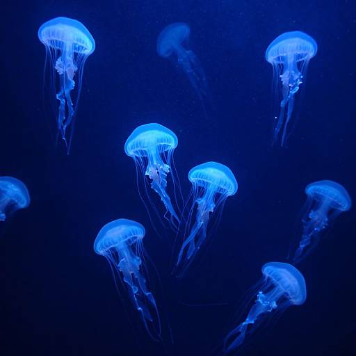 Photograph of glowing blue jellyfish with translucent bell shapes and long, flowing tentacles against a dark blue underwater background.