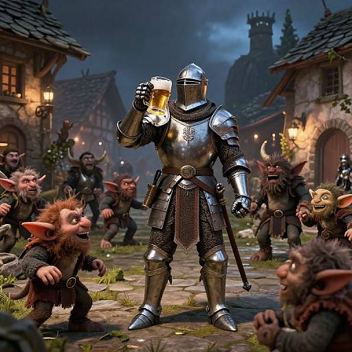 Armored Knight Celebrating with Goblins