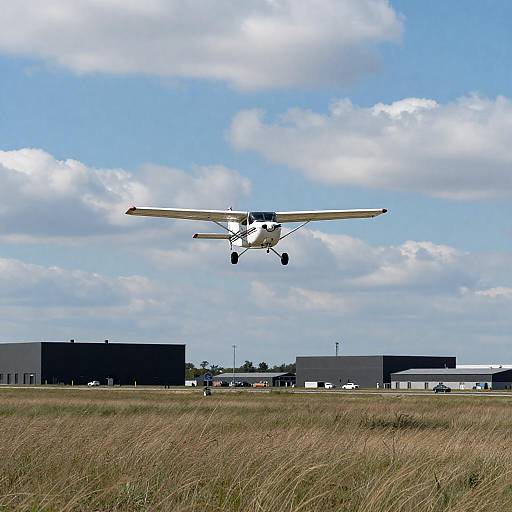 Small Airplane in Mid-Flight Over Grassland
