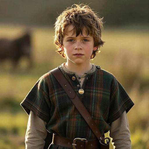 Photograph of a young boy with messy brown hair, wearing a medieval-style plaid tunic and brown leather strap, standing in a sunlit,