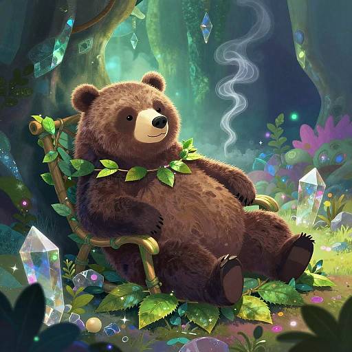 Fantasy illustration of a brown bear with leaf necklace, reclining on a leafy wooden chair in a magical forest, surrounded by glowing crystals and vibrant