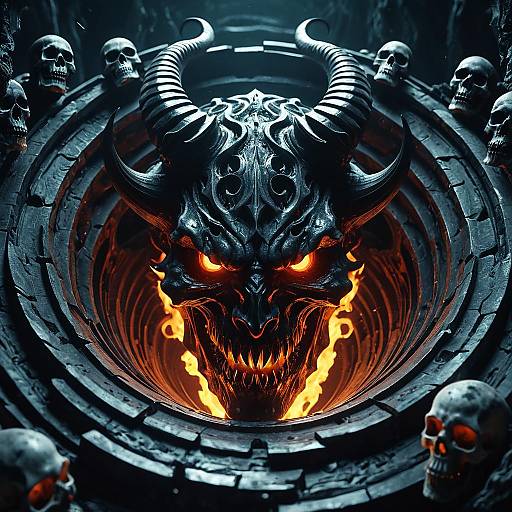 Demonic Horned Skull with Fiery Eyes