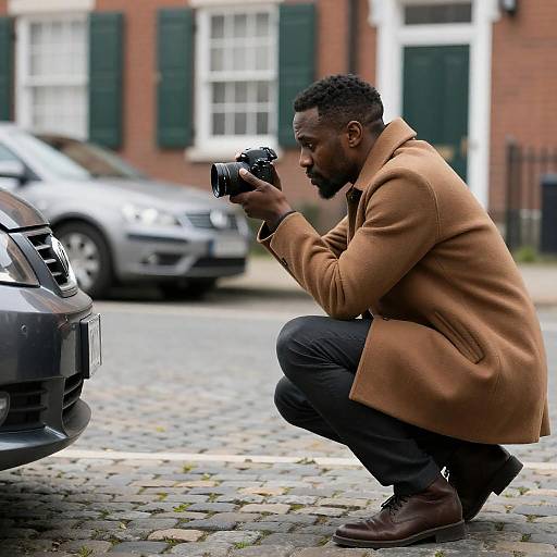 Crouched Urban Photographer Aiming at Car