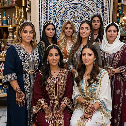 Photograph of seven South Asian women in traditional Punjabi attire, adorned with intricate embroidery, standing and sitting in a colorful, mosaic-decorated shop