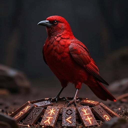 Red Raven on Glowing Ancient Runes