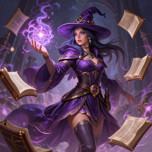 Digital artwork of a purple-hued, sexy witch casting a glowing magic spell, surrounded by floating books in a mystical, dark cathedral.