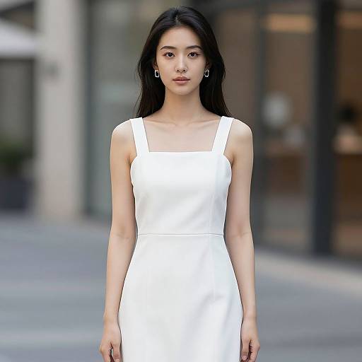 Photograph of an Asian woman with long black hair, wearing a sleeveless white dress, standing in an urban outdoor setting.
