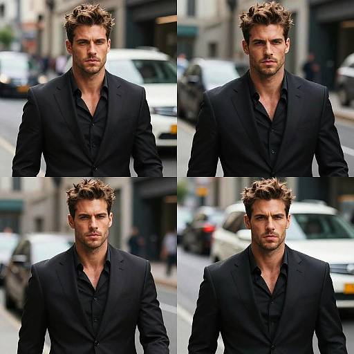 Photograph of a handsome, muscular Caucasian man with tousled brown hair, wearing a black suit and black shirt, standing in a busy urban street,