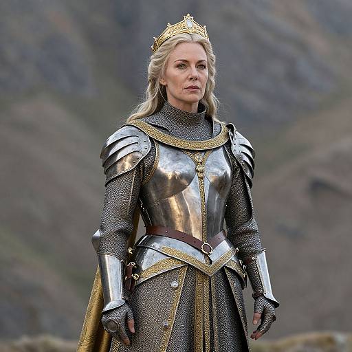 Photograph of a blonde woman in medieval-style silver armor with gold trim, wearing a gold crown, standing outdoors against a mountainous background.