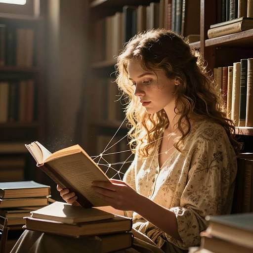 Photograph of a fair-skinned, curly-haired young woman in a floral blouse, reading a book in a sunlit, wooden bookshelf library,