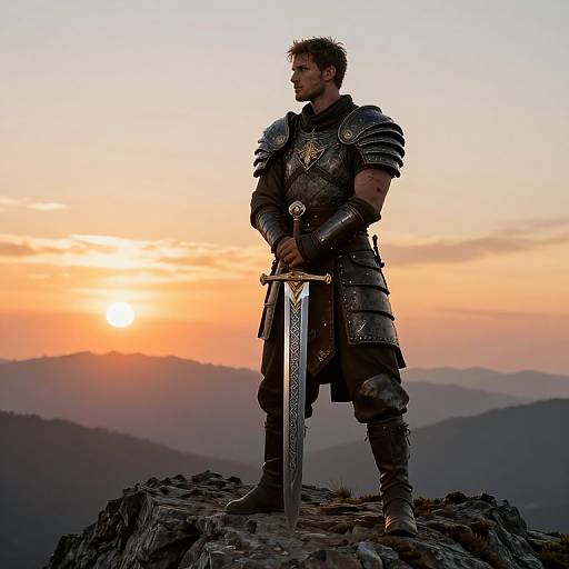 Photograph of a muscular, bearded man in medieval armor standing on a rocky peak at sunset, gripping a large sword, with mountains in the background