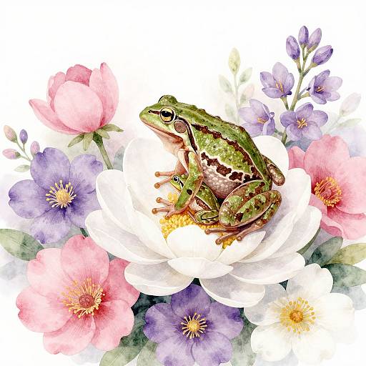 Watercolor-style illustration of a green frog perched on a white flower amidst a colorful bouquet of pink, purple, and blue blossoms.
