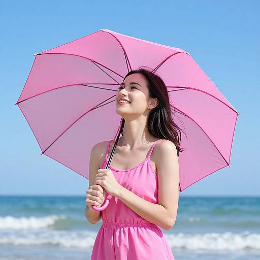 Photograph of a smiling young woman with long black hair, wearing a pink dress and holding a pink umbrella, standing on a sunny beach with blue sky