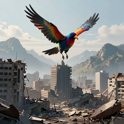 Surreal Avian Rebirth Over Urban Ruins