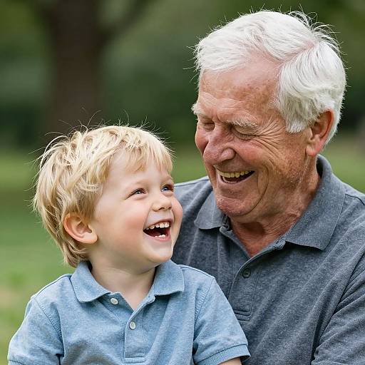 Grandfather and Grandson Laughing Together Outdoors