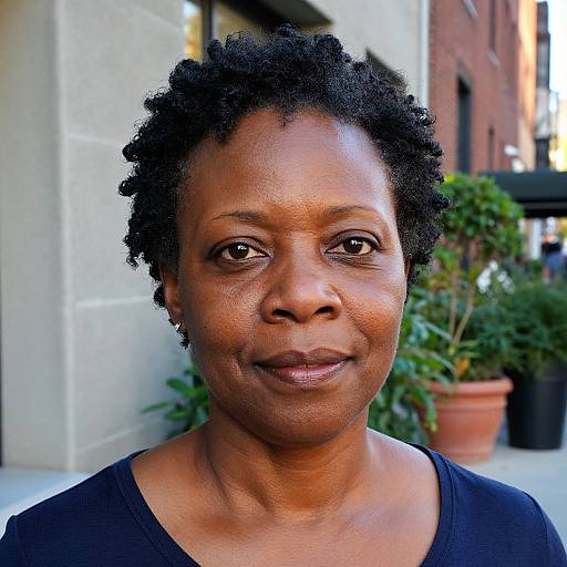 Photograph of a smiling, middle-aged Black woman with short, curly black hair, wearing a black shirt, standing outdoors in front of a building with