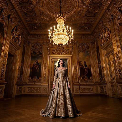 Photograph of a dark-haired woman in an ornate, gold-embroidered gown standing in an opulent, baroque-style room with a