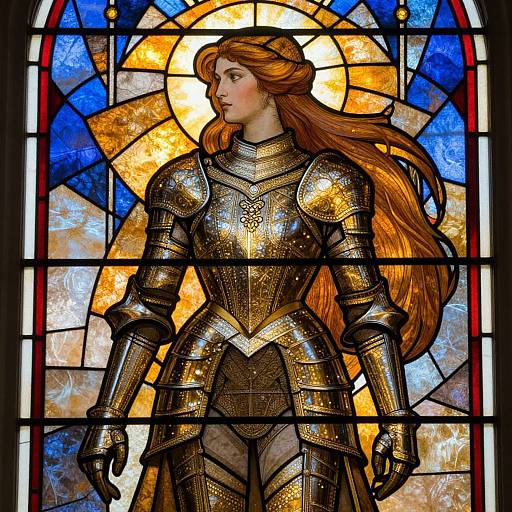 Stained glass artwork of a red-haired woman in golden medieval armor, with a radiant halo and blue-orange background, standing solemnly.