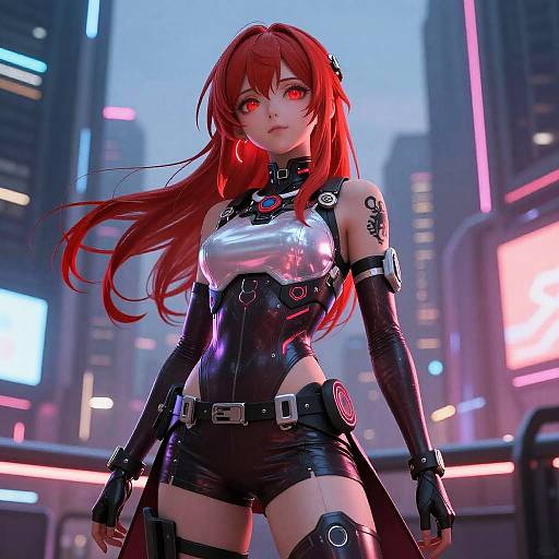 Digital anime-style artwork of a red-haired woman with glowing red eyes, wearing a shiny silver and black latex bodysuit, in a neon-lit