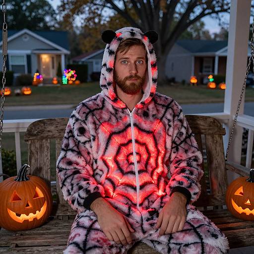 Photograph of a bearded man in a glowing tiger onesie with black stripes, sitting on a wooden swing at dusk, flanked by lit pump