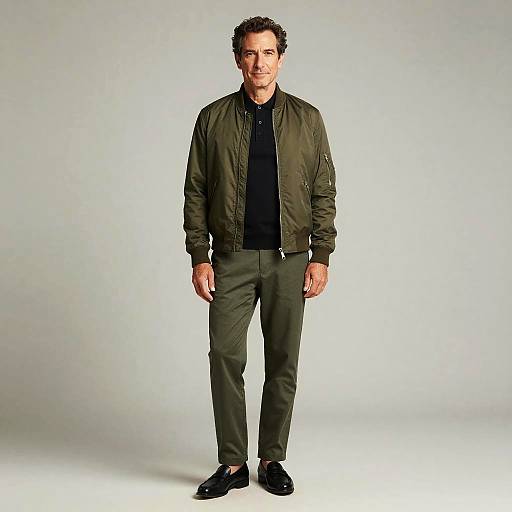 Photograph of a medium-build man with short curly brown hair, wearing a green bomber jacket, black shirt, dark green pants, and black shoes,