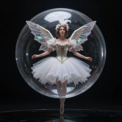 Digital artwork of a fairy-like ballerina in a white tutu with iridescent wings, standing inside a glowing, transparent sphere against a black