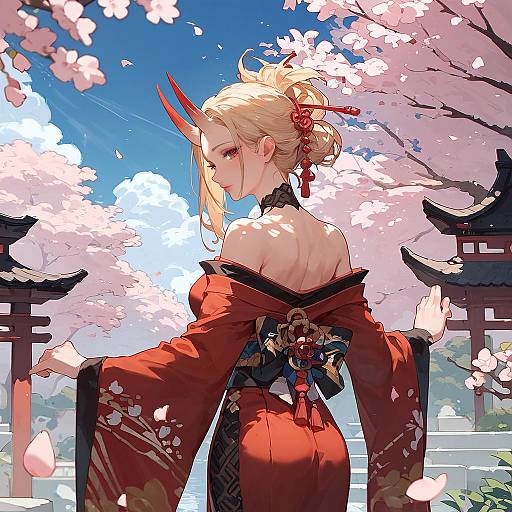 Blonde Oni in Red Kimono Outdoors