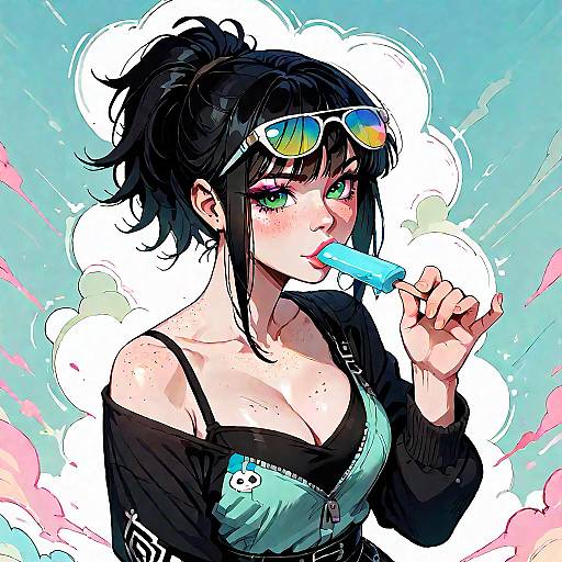 Digital anime-style drawing of a black-haired woman with green eyes, wearing sunglasses on her head, black off-shoulder top, and blue bikini top
