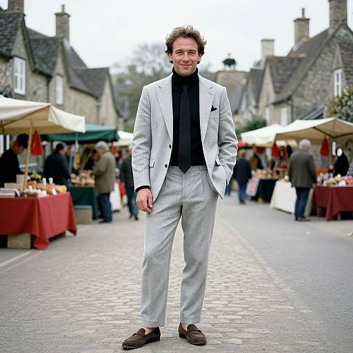 Photograph of a smiling man in a light gray pinstripe suit, black shirt, and brown shoes, standing on a cobblestone street at