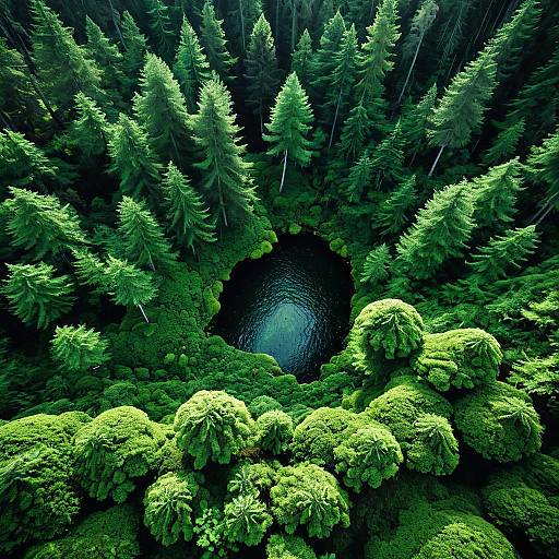 Aerial View of Lush Green Forest with Mossy Clearing