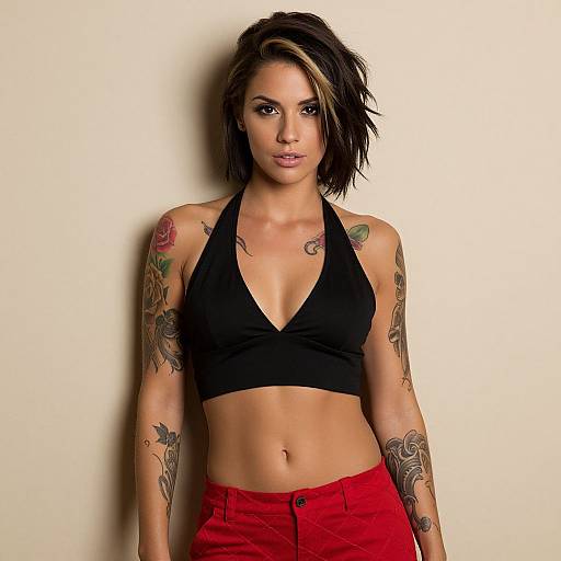 Photograph of a tattooed woman with short, dark hair and blonde highlights, wearing a black halter top and red pants, against a plain white