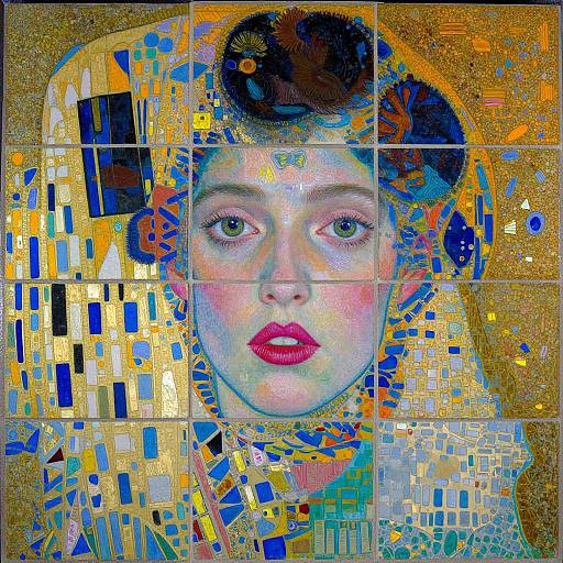 Colorful mosaic portrait of a pale-skinned woman with red lips, blue eyes, and black hair, surrounded by vibrant geometric shapes and gold tiles.