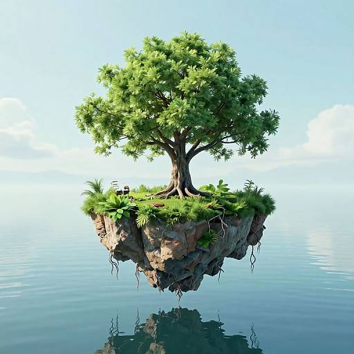 Floating island with lush green tree, grass, and roots, reflecting in calm blue water, set against a clear sky. Digital art.